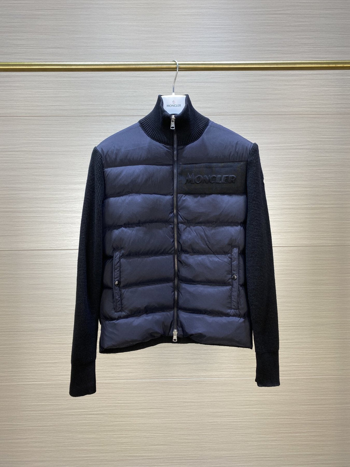 Moncler Quilted Front Knit Sleeve Zip Jacket — front